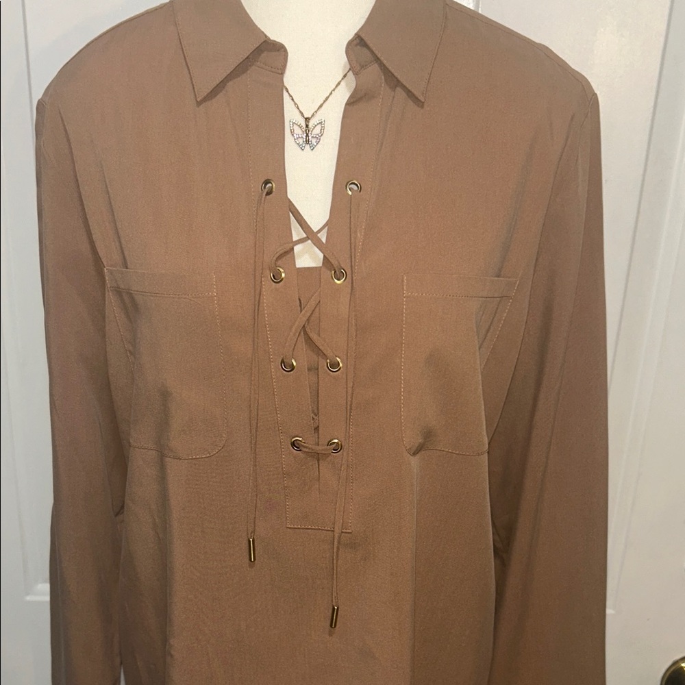 Chico's Brown Lace-Up Casual Pull over Shirt